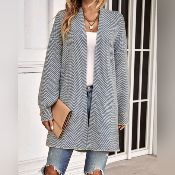 * New Cozy Chic Chevron Stripe Knit Cardigan Sweater Duster Blue Off White - Picture 5 of 8